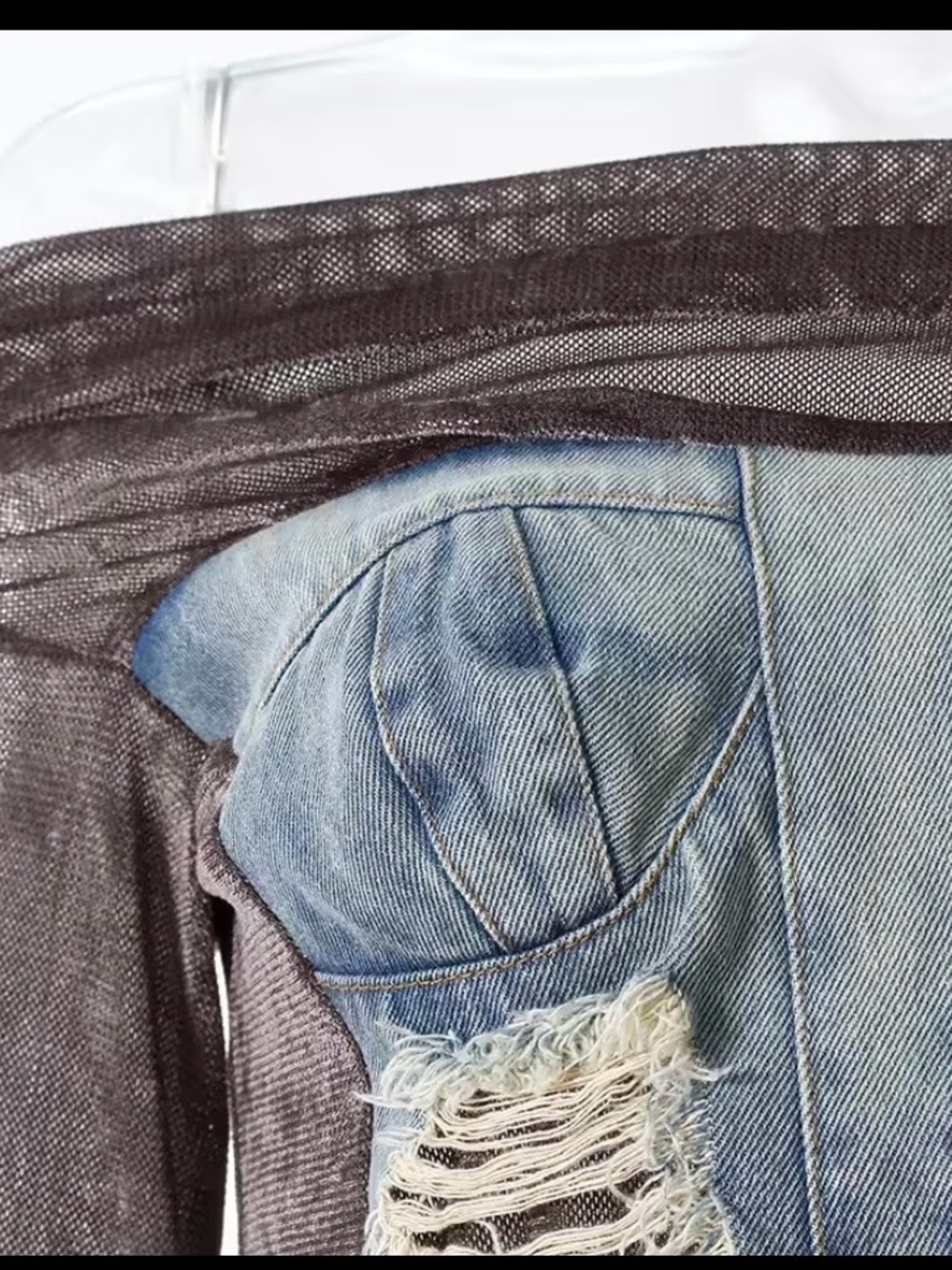 Off-Shoulder Distressed Denim Bustier Top in Black and Light Blue - Picture 3 of 5